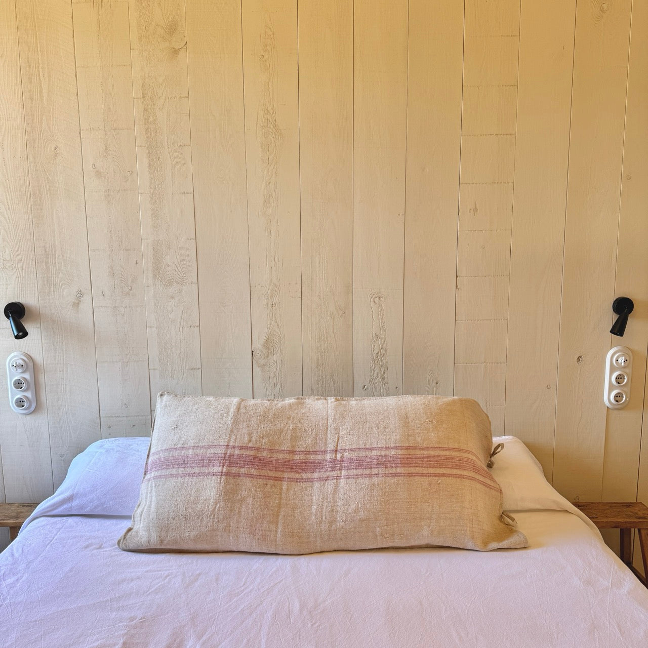 FUNDA DE COJIN DE LINO RAYA ROSA